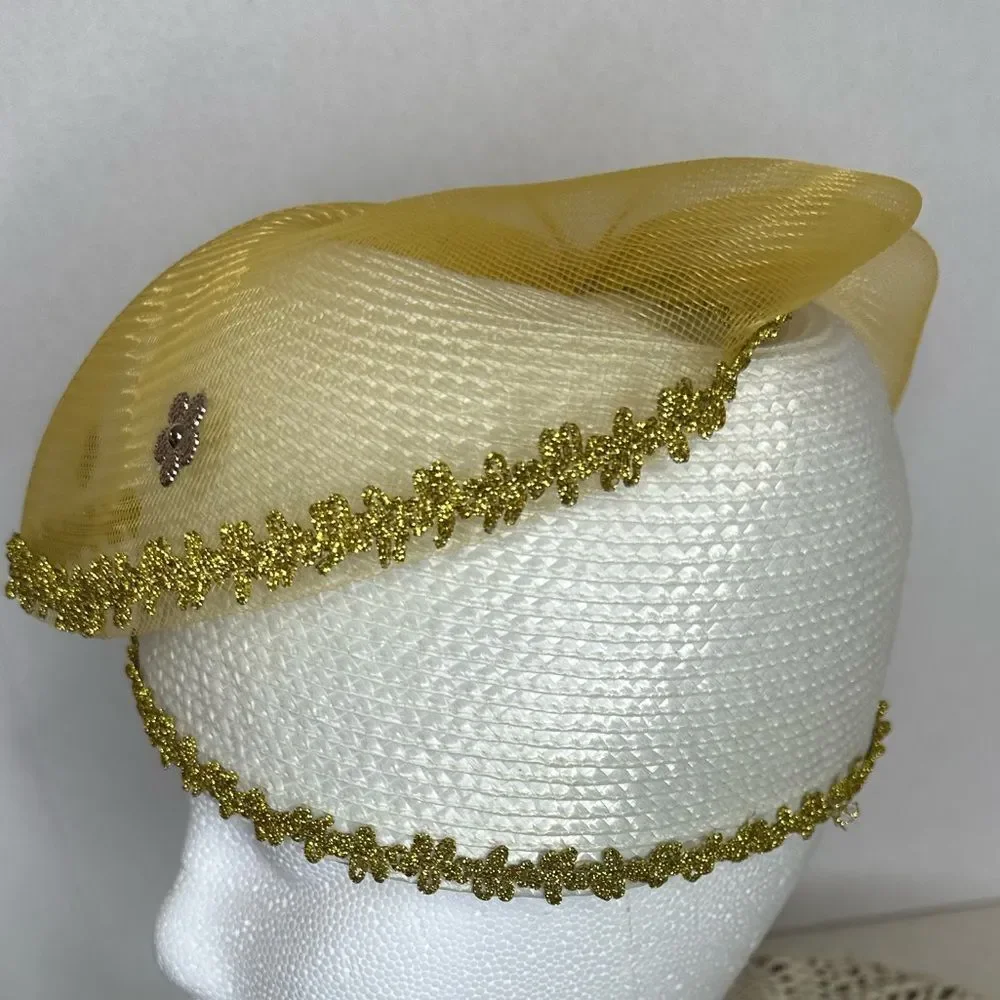 Vintage Arlin Yellow Gold Mesh Easter Sequins Beaded Church Hat